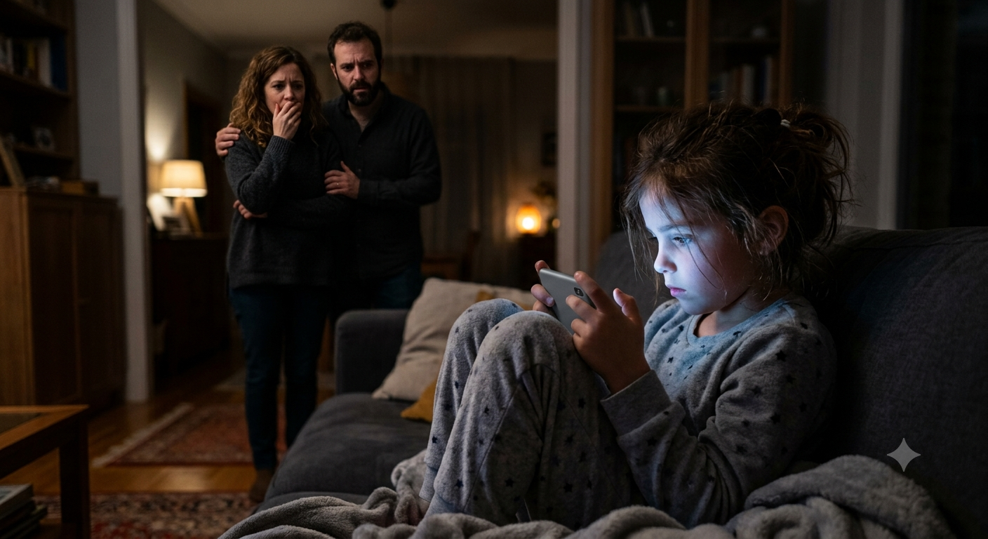 Criança absorta no celular enquanto os pais observam preocupados