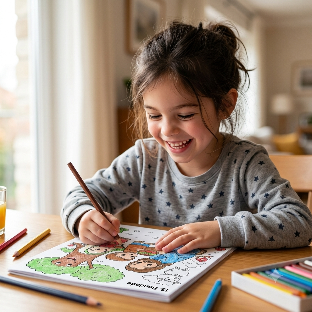 Criança feliz colorindo o Livro Bíblico