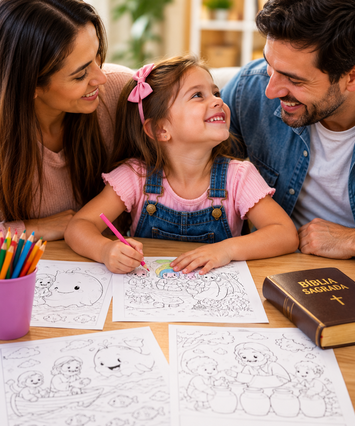 Família colorindo desenhos bíblicos juntos